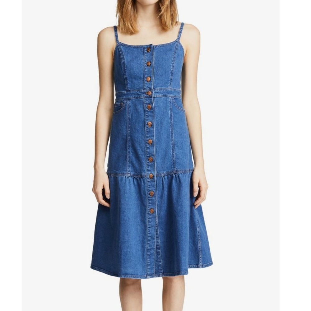 Madewell Bayview Tiered Denim Midi Dress Blue Button Front Medium Wash Jean 10